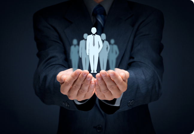 Image of man holding out hands with graphic of people in suit and ties in his palms